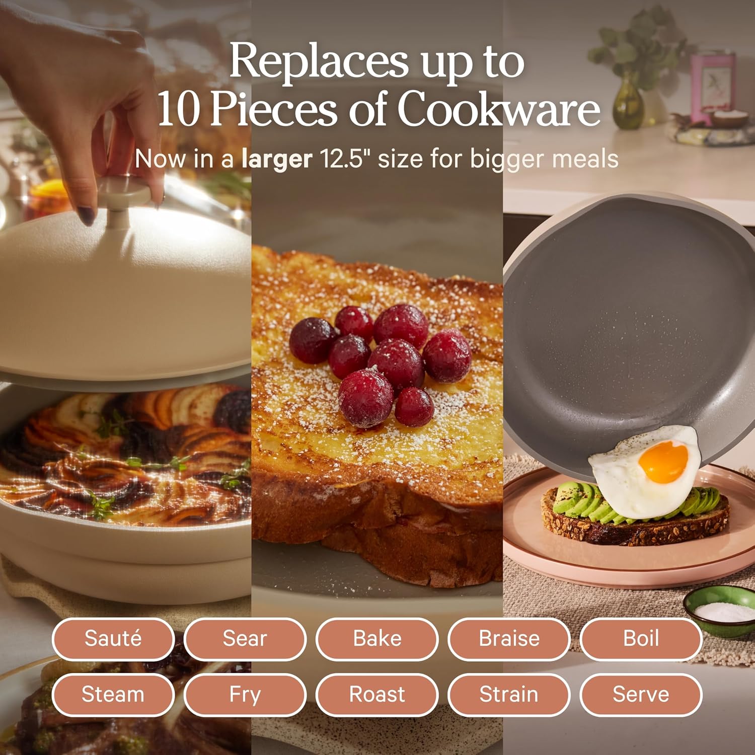 Our Place Large Always Pan | 12.5' Ceramic Pan with Modular Lid & Beechwood Spatula | Patented 10-in-1 Nonstick, Non-Toxic Cookware Made Without PFAS | Induction & Oven-Safe up to 450°F | Steam