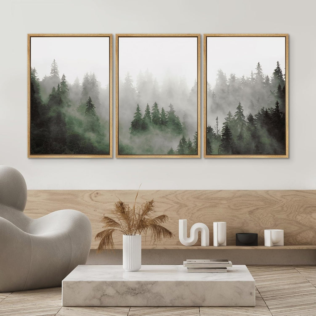 SIGNWIN Framed Canvas Print Wall Art Woodland Nursery Decor Set Fog & Mist Over Green Pine Tree Forest Nature Wilderness Modern Art Chic Landscape for Living Room, Bedroom, Office - 24'x36'x3 Natural