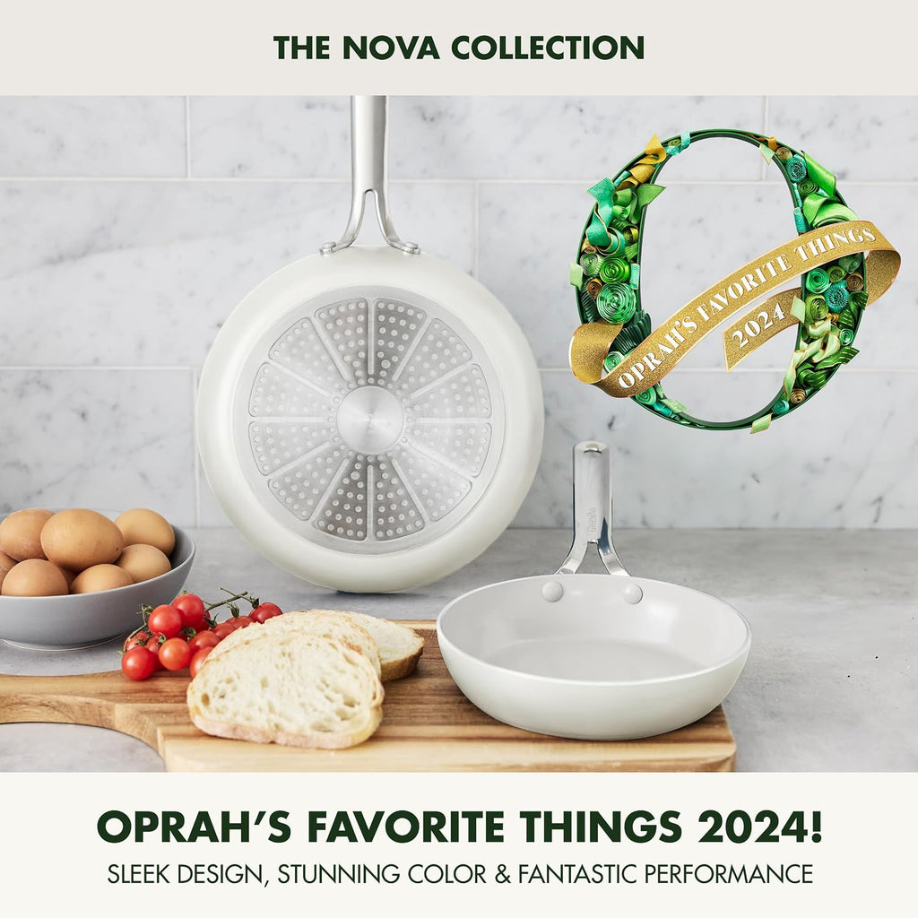 GreenPan Nova 8' & 10' 2 Piece Frying Pan Skillet Set, Oprah's Favorite Things 2024, Induction Suitable PFAS-Free Nontoxic Ceramic Nonstick, Dishwasher & Oven Safe, Quick Even Heating, Cream White