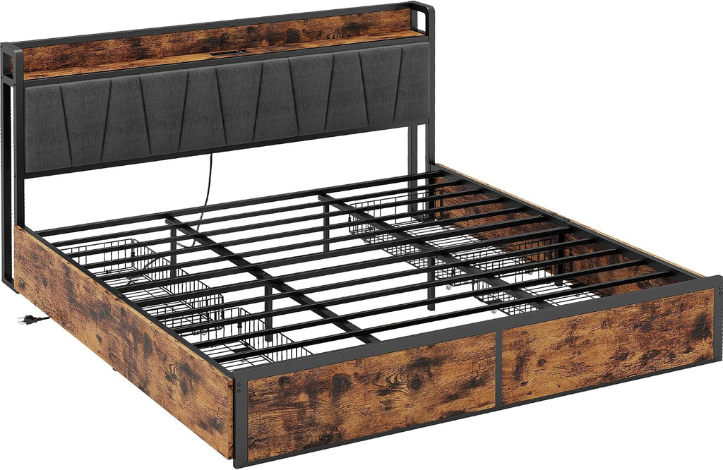 LIKIMIO California King Bed Frame with 4 Storage Drawers, Platform Bed with Charged Headboard, Sturdy and Stable, No Noise, No Box Spring Needed, Easy to Install, Vintage Brown and Gray