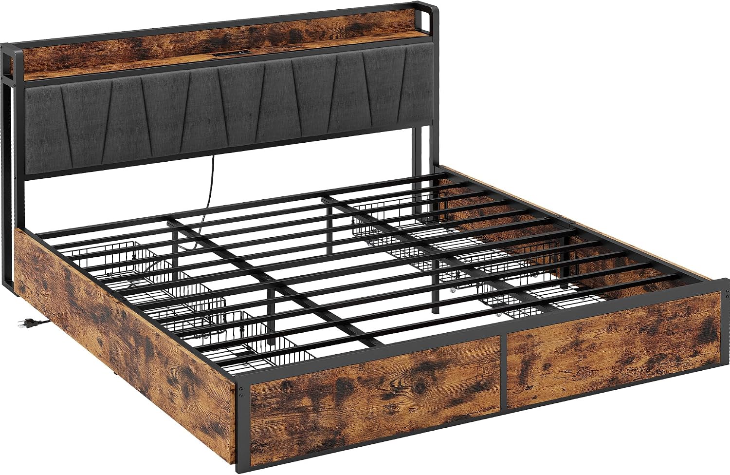 LIKIMIO California King Bed Frame with 4 Storage Drawers, Platform Bed with Charged Headboard, Sturdy and Stable, No Noise, No Box Spring Needed, Easy to Install, Vintage Brown and Gray
