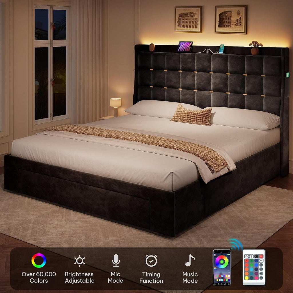 YITAHOME Queen Size Bed Frame with 3 Storage Drawers and RGB LED Lights, Velvet Upholstered Bed with Charging Station and Storage Headboard, No Box Spring Needed, Noise-Free, Cool Black