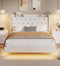 IDEALHOUSE Queen Size Bed Frame with LED Lights, Floating Platform Bed with Velvet Upholstered Storage Headboard, No Box Spring Needed, Noise Free, Easy Assembly