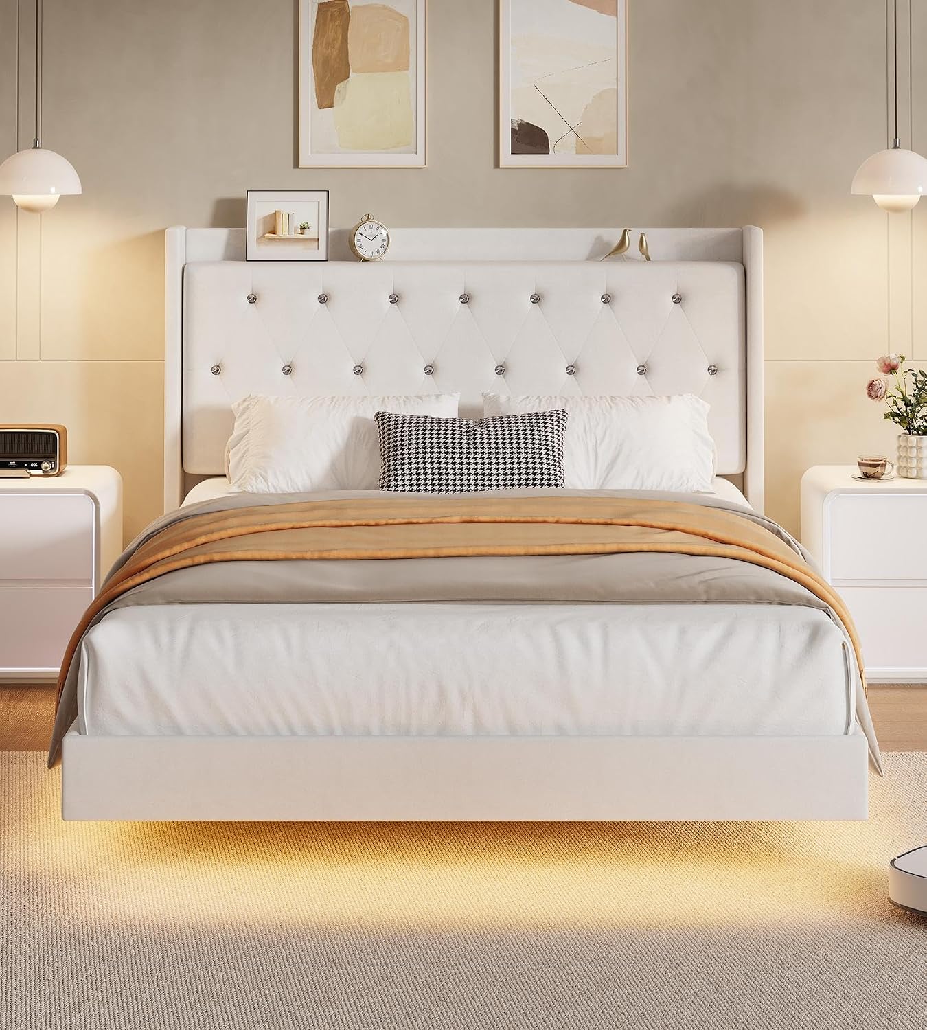 IDEALHOUSE Queen Size Bed Frame with LED Lights, Floating Platform Bed with Velvet Upholstered Storage Headboard, No Box Spring Needed, Noise Free, Easy Assembly