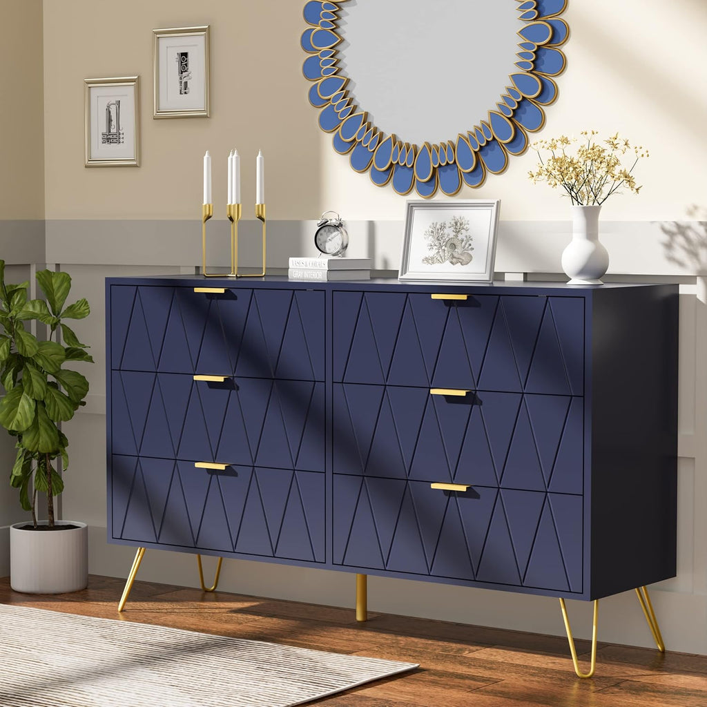 Anbuy Bedroom Sets Navy Blue Sets 3Pcs 6 Drawer Dresser and Night Stand Sets for Bedroom, Two Drawers Nightstand Set of 2 & 6 Drawer Dresser Combo 3 Pieces (Navy Blue)