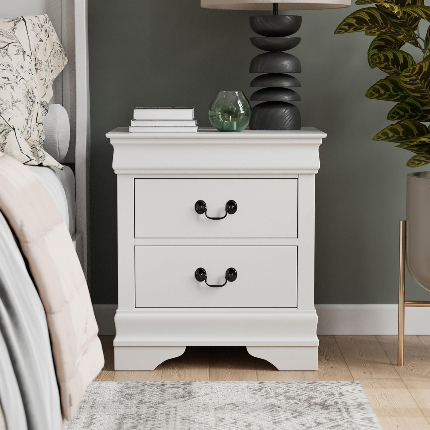 Furniture of America Arabella Traditional Solid Wood 3 Piece Bedroom Set, King Bed Frame, Nightstand, and Chest, Chic Sleigh Design Bedframe with Headboard and Footboard, Box Spring Needed, White
