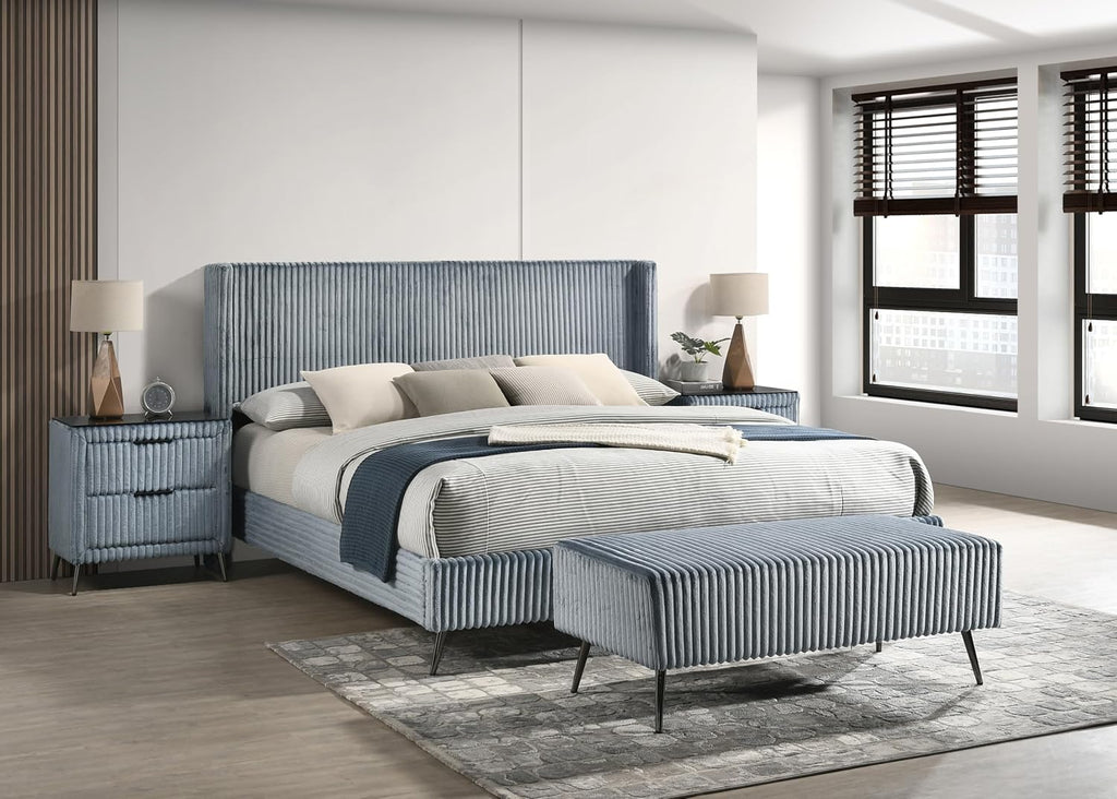 Roundhill Furniture Mavela Wide Wale Corduroy Upholstery Panel King Bed with 2 Nightstands and Bench, Blue
