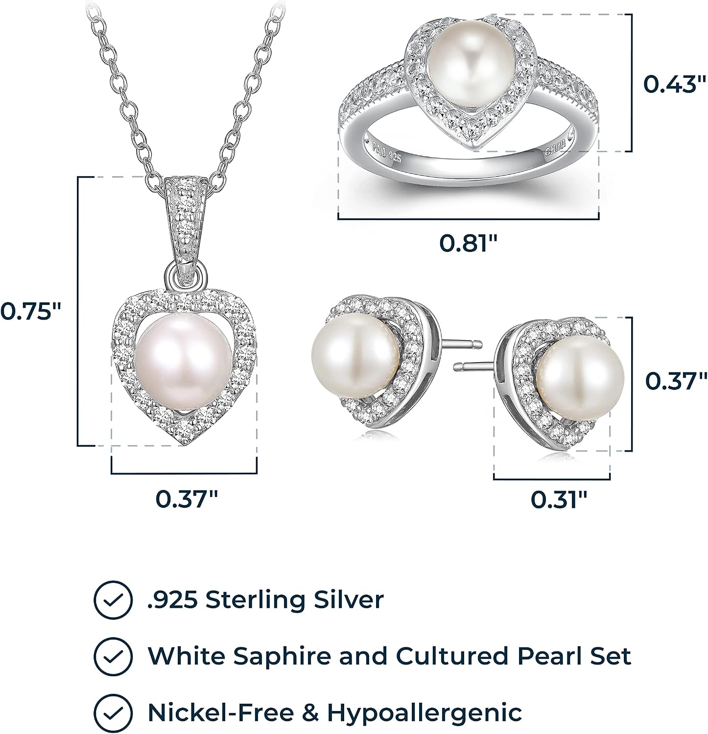 MORGAN & PAIGE .925 Sterling Silver Gemstones and White Sapphire Halo Heart Pendant Necklace, Ring and Stud Earrings for Women Set - Birthstone Jewelry Sets for Women, 18in Cable Chain, Size 7 Ring