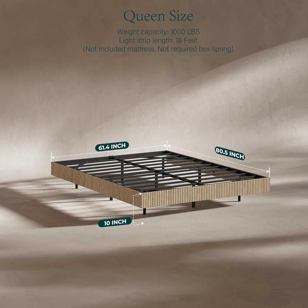Evermagin Oak Queen Floating Bed Frame with led Lights, Bohemia Fluted 10 Inch High Floating Platform Bed No Headboard, Heavy Duty Metal Float Bedframe, No Box Spring Needed