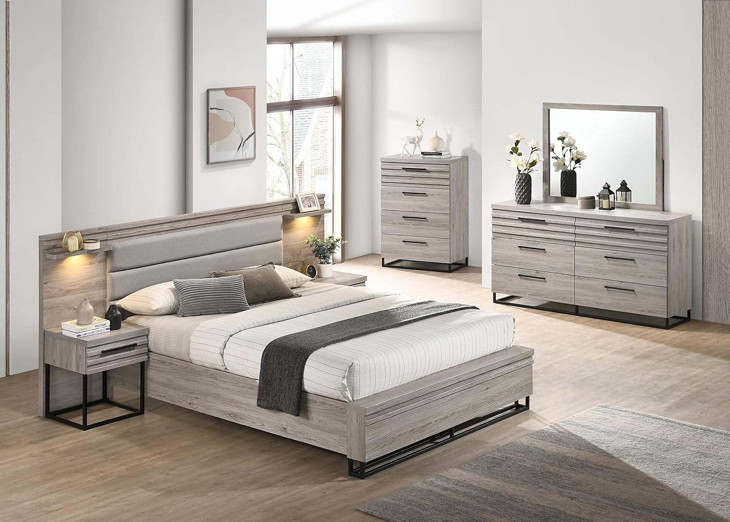 Roundhill Furniture Alvear Upholstered Wood Wallbed Bed with White LED Lights, Dresser, Mirror, Chest, and 2 Nightstands, Queen, Weathered Gray