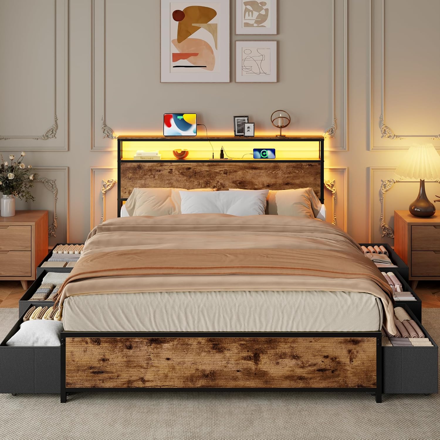 Forestell Queen Bed Frame with Headboard & 6 Drawers, Metal Platform Bed Frame Queen Size with Charging Station,LED Lights,2 Tier Shelf Storage Bedframe-No Box Spring Needed,Noise Free,Rustic Brown