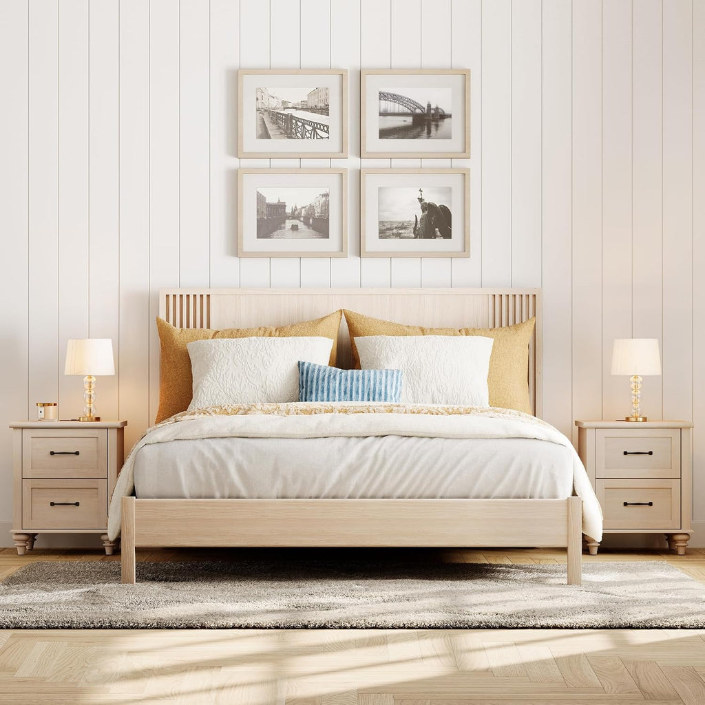 WAMPAT Nightstands with Charging Station Set of 2, 20 Inch Night Stand with 2 Drawers, Rustic Wood Bedside Table End Tables with Solid Wood Legs for Bedroom, Beige