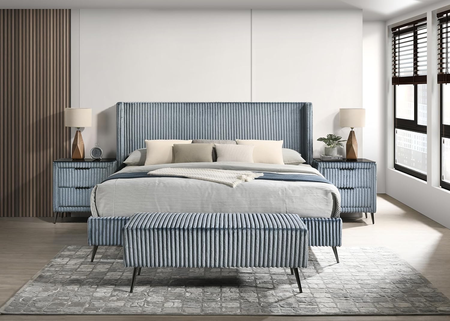 Roundhill Furniture Mavela Wide Wale Corduroy Upholstery Panel King Bed with 2 Nightstands and Bench, Blue