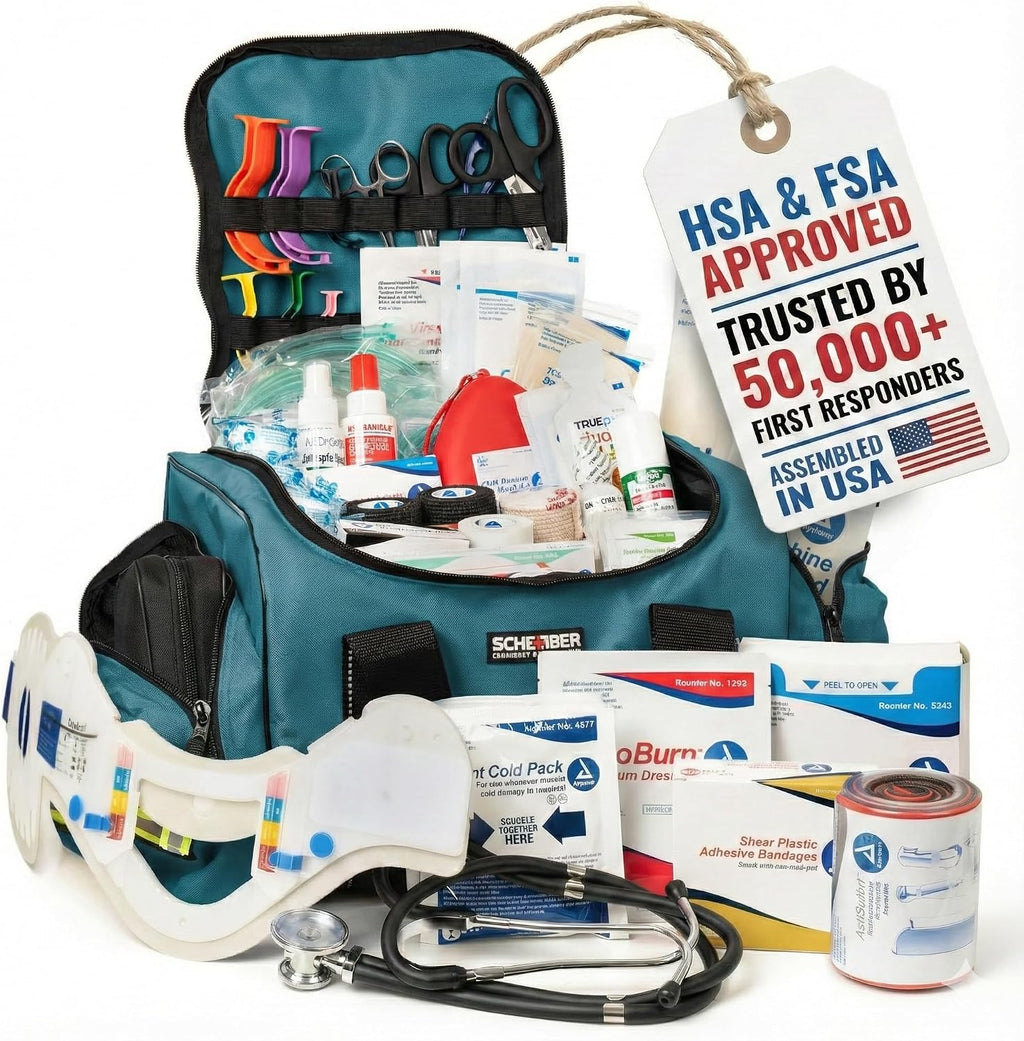Scherber First Responder Fully-Stocked Large Professional Essentials EMT/EMS Trauma Kit | HSA/FSA Approved | Reflective Bag w/8 Zippered Pockets & Compartments & 250 First Aid Supplies (Blue)
