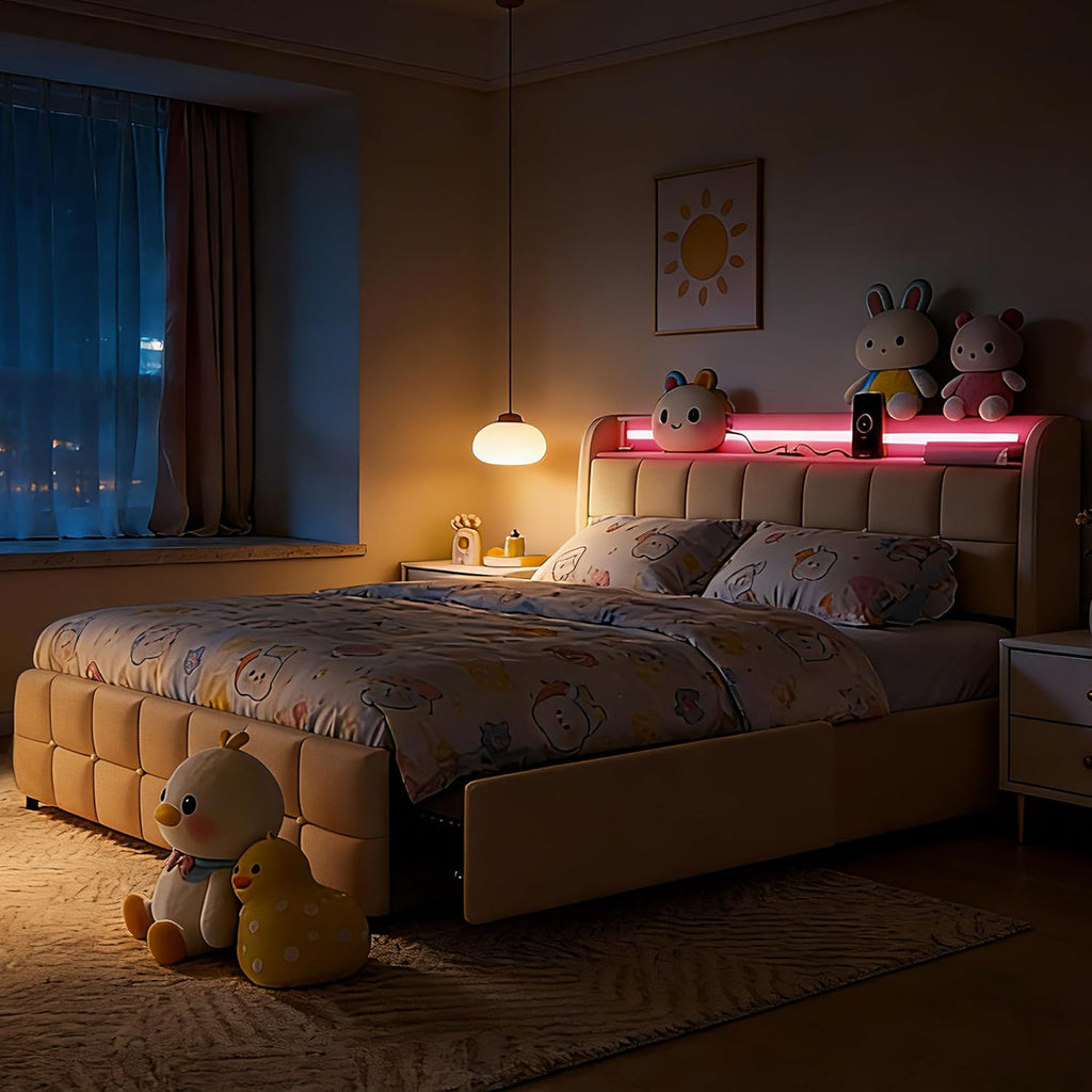 Juego 3 in 1 Full Bed Frame with RGB LED Light, Socket & USB & Type-C Charging Station,4 Drawers, Wooden Slats, Upholstered Bed, Noise-Free, No Box Spring Needed (Beige, Full)