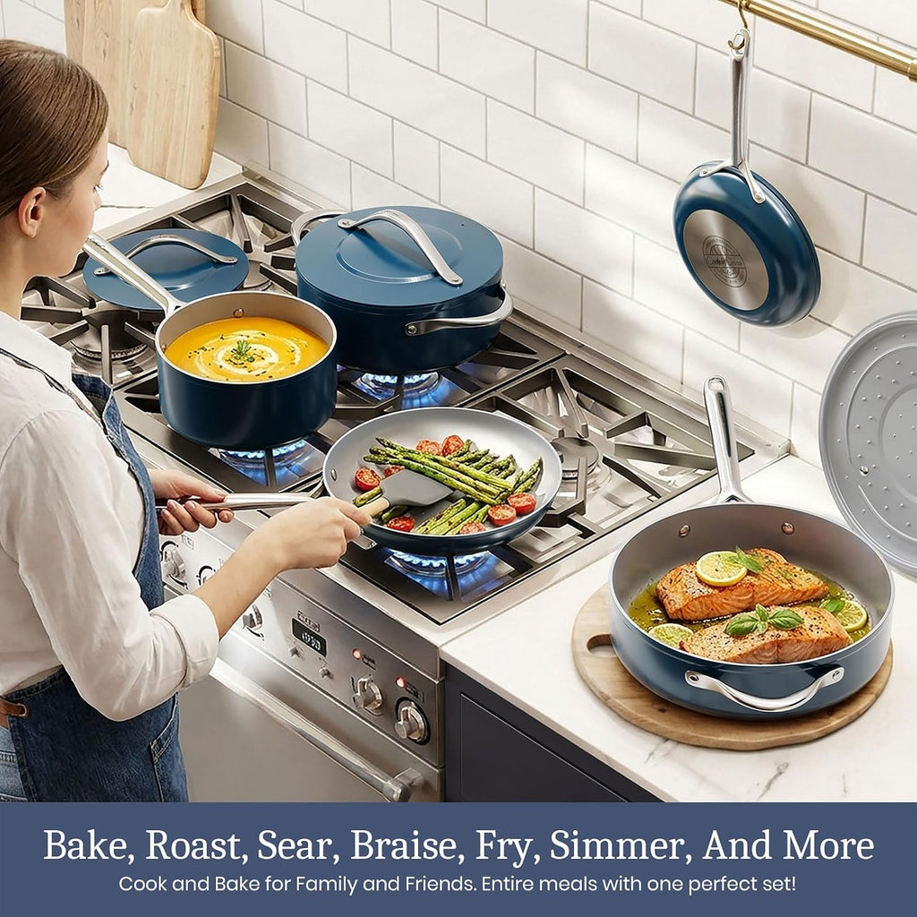 CookinCraze Ceramic Cookware Set 8 Pieces Nonstick Pots and Pans Set with Lid PFAS-Free Non Toxic Cookware, Induction Compatible, Oven Safe, Quick & Even Heat Distribution, Navy Blue