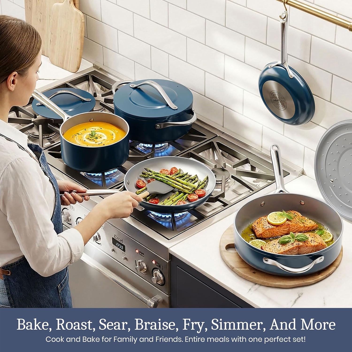 CookinCraze Ceramic Cookware Set 8 Pieces Nonstick Pots and Pans Set with Lid PFAS-Free Non Toxic Cookware, Induction Compatible, Oven Safe, Quick & Even Heat Distribution, Navy Blue