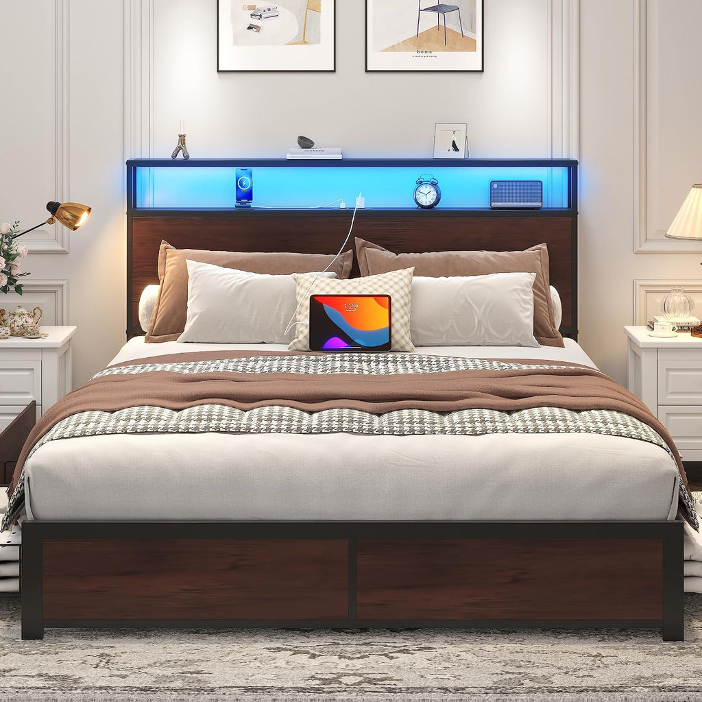 Lifezone Queen Bed Frame with 2-Tier Storage Headboard, Metal Platform Bed Frame with 4 Storage Drawers, Built in Charging Station & LED, Noise-Free/Metal Support/No Box Spring Needed, Coffee Brown