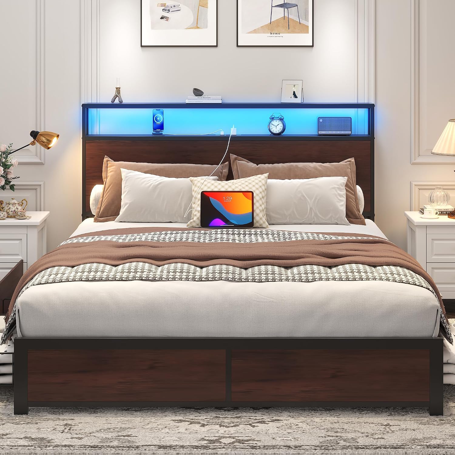 Lifezone Queen Bed Frame with 2-Tier Storage Headboard, Metal Platform Bed Frame with 4 Storage Drawers, Built in Charging Station & LED, Noise-Free/Metal Support/No Box Spring Needed, Coffee Brown