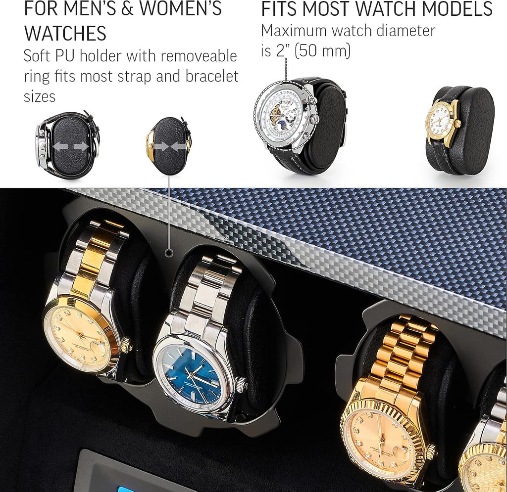 4 Watch Winder with 5 Watch Storage Space, LCD Display, Touch Control and Interior Light