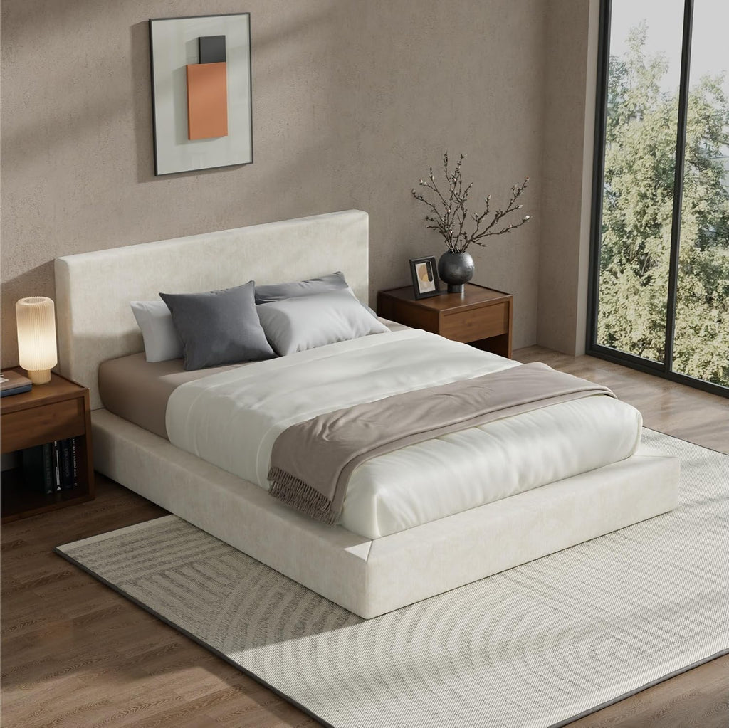 RECCI AirFrame Full Size Bed Frame with Headboard, Cloud Upholstered Platform Bed Frame, 5 Inch Foam Cushioned, No Box Spring, Easy Assembly(Beige Chenille)