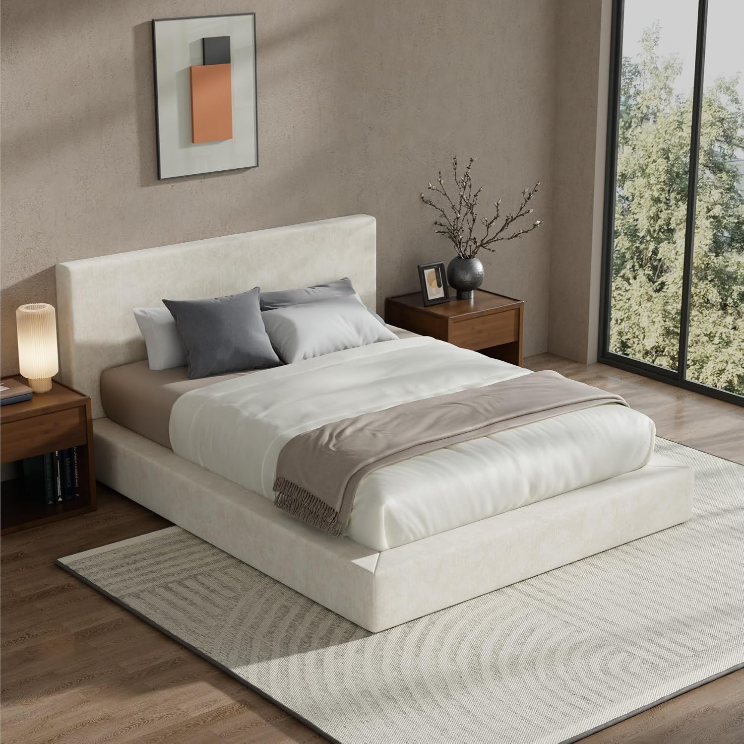RECCI AirFrame Full Size Bed Frame with Headboard, Cloud Upholstered Platform Bed Frame, 5 Inch Foam Cushioned, No Box Spring, Easy Assembly(Beige Chenille)