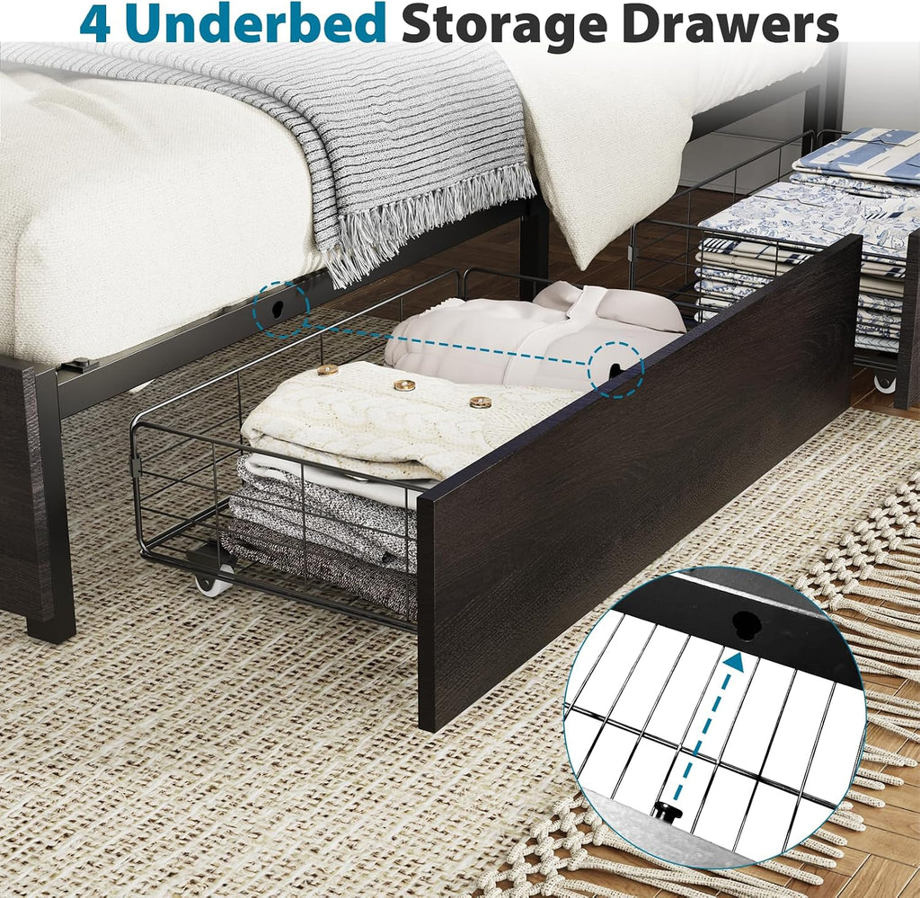 Kiivakii Full Size Bed Frame with Headboard, LED Platform Bed with 4 Storage Drawers, Built in Charging Station, Noise-Free, Metal Support Base, No Box Spring Needed, Black