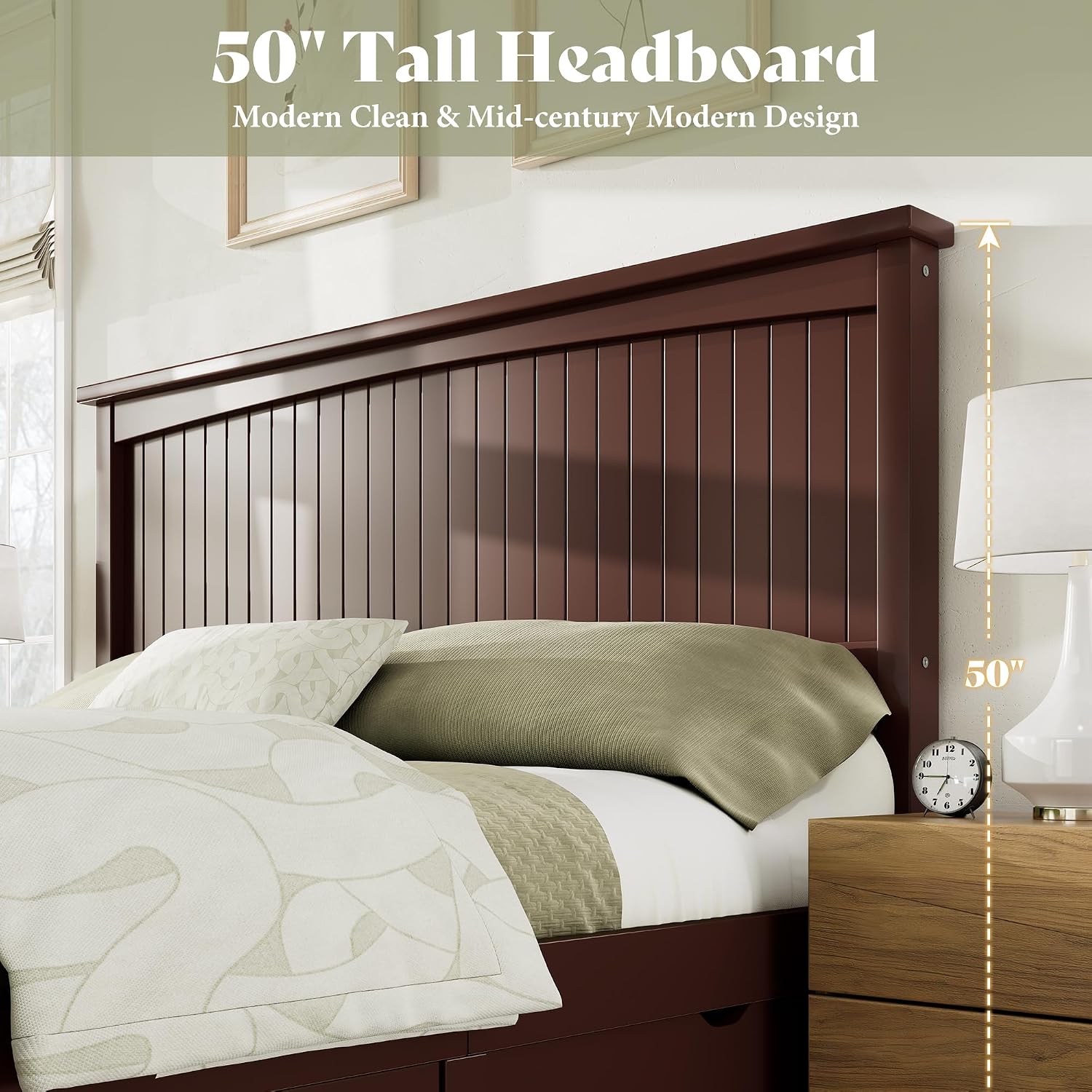 AMERLIFE Solid Wood Full Size Storage Bed Frame with Headboard, Platform Bedframe with 2 Storage Drawers, Beadboard Design & Wooden Slats/No Box Spring Needed/Noise-Free, Espresso Brown Finish