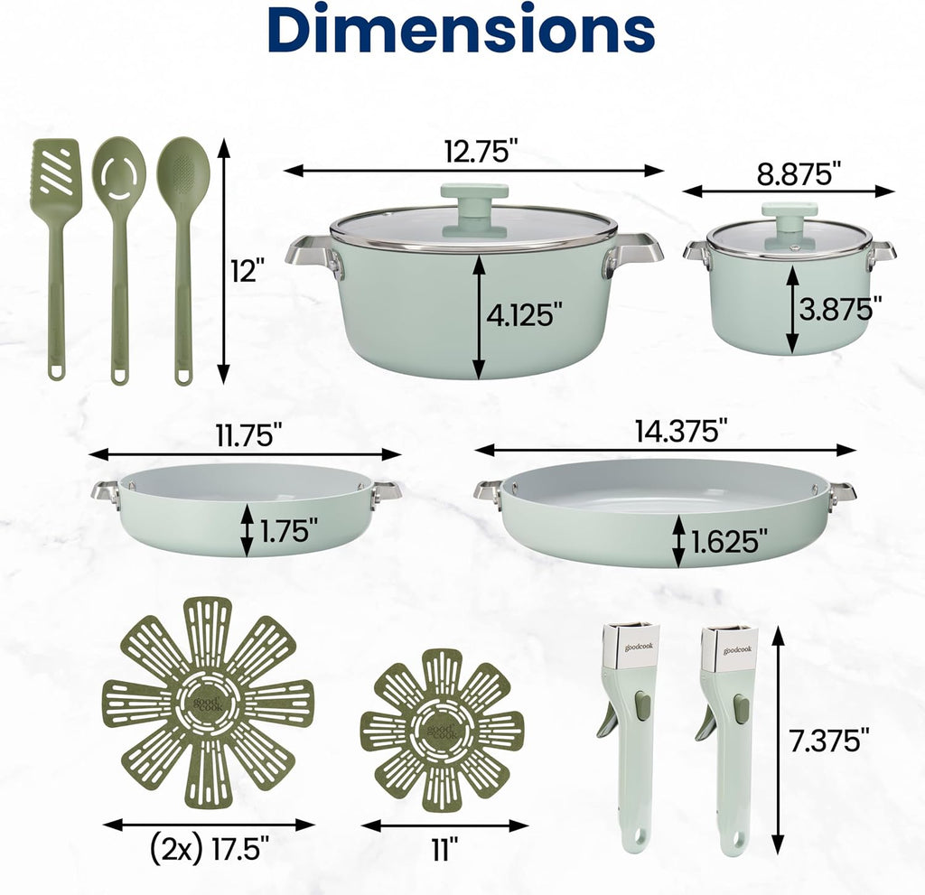 GoodCook Ceramic Cookware Set 14-Piece with Removable Handles, Nonstick Pots & Pans, Induction & Oven Safe, Sage Green