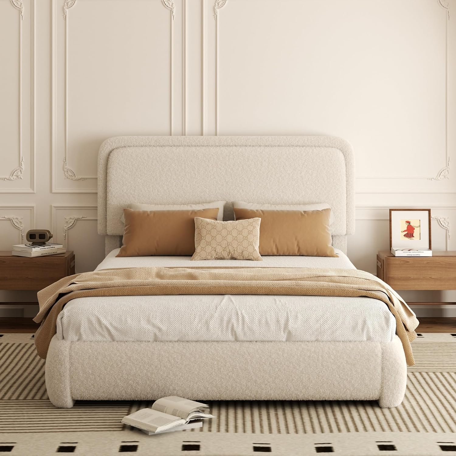 Full Bed Frame, Teddy Velvet Boucle Bed Frame with 43.3'/45.3' Adjustable Upholstered Headboard, Rounded Corners, Mattress Foundation, No Box Spring Required, Beige