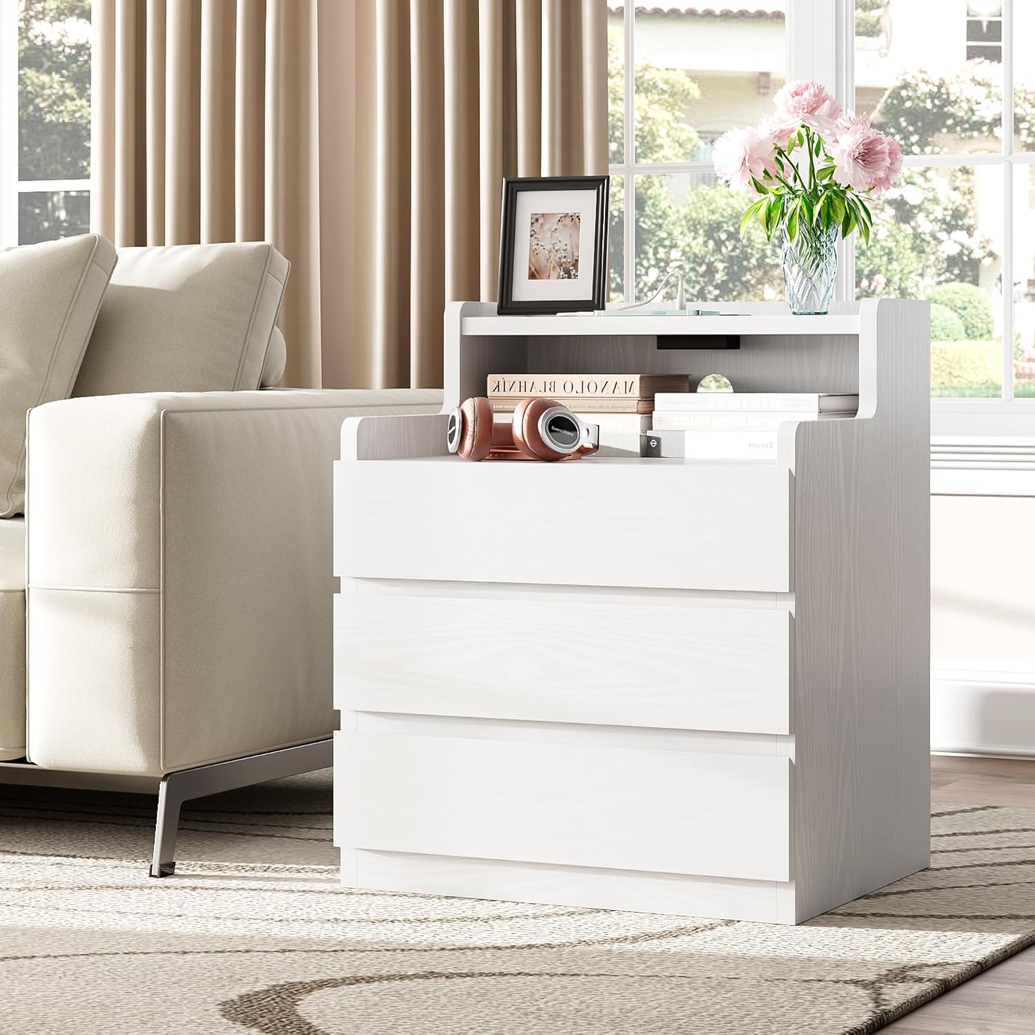 Rresyet Night Stand Set of 2, White Nightstand with Drawers 26.8' Modern End Table with Charging Station for Bedroom, Storage Upgrade & No-Handle Design
