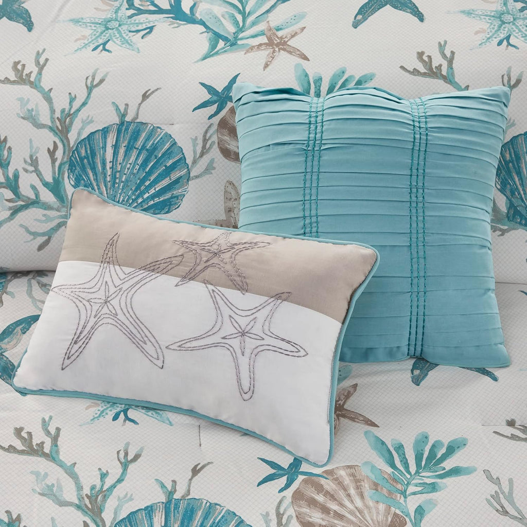 Madison Park Pebble Beach 100% Cotton Comforter Set - Coastal Coral, Starfish Design All Season Down Alternative Cozy Bedding with Matching Shams, Decorative Pillow, Queen(90'x90') Aqua 7 Piece