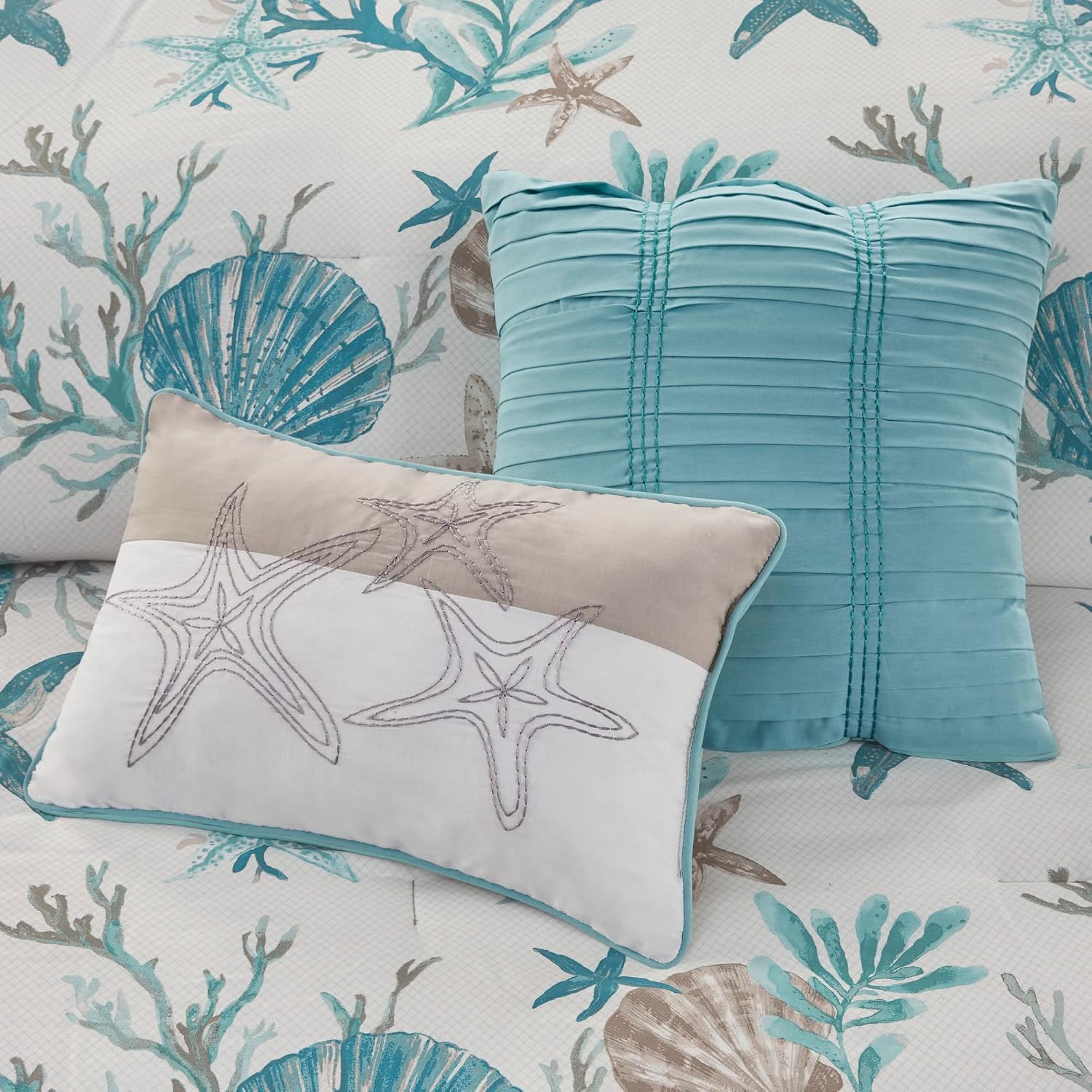 Madison Park Pebble Beach 100% Cotton Comforter Set - Coastal Coral, Starfish Design All Season Down Alternative Cozy Bedding with Matching Shams, Decorative Pillow, Queen(90'x90') Aqua 7 Piece