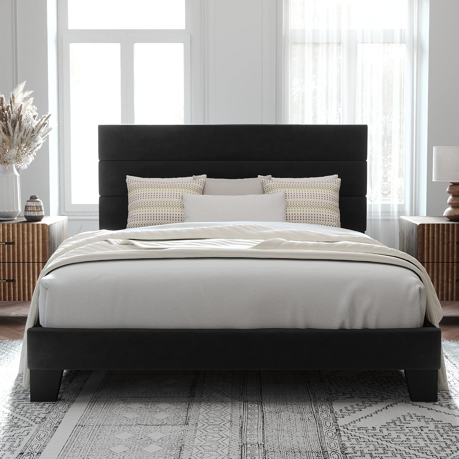 Allewie Full Size Platform Bed Frame with Velvet Upholstered Headboard and Wooden Slats Support, Fully Upholstered Mattress Foundation/No Box Spring Needed/Easy Assembly, Black