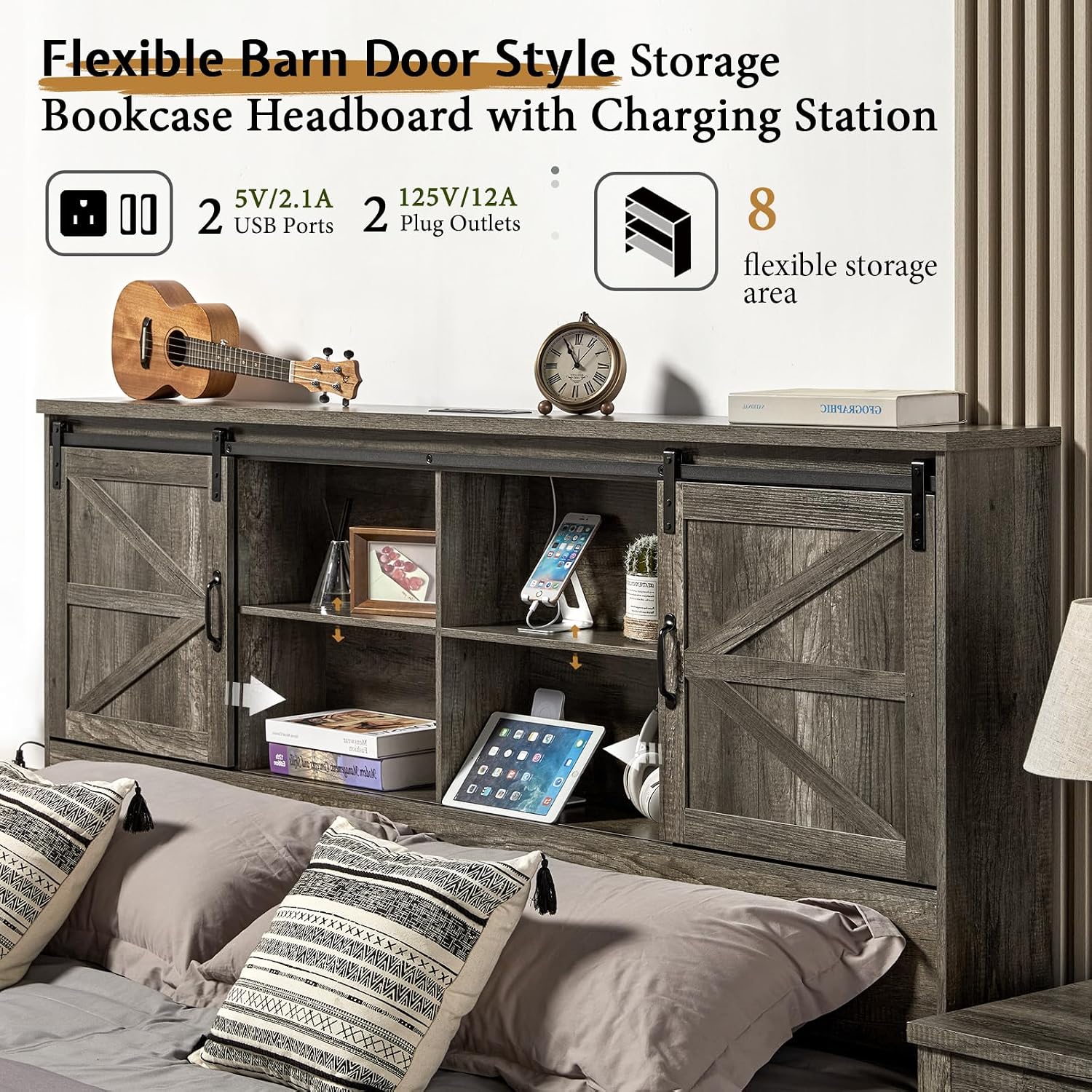 VanAcc King Size Bed Frame, Wooden Platform Storage Bed with 51.2' Bookcase Headboard, 2 Drawers, Charging Station/No Box Spring Needed/Noise Free, Rustic Grey