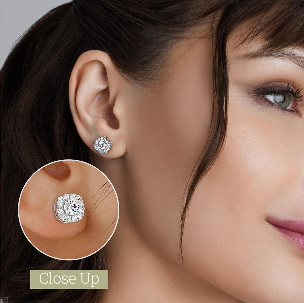 Gilded Lab-Grown Diamond Stud Earrings Sterling Silver and 14KT Yellow Gold Plated Silver| Cushion Halo Shaped Studs | Hypoallergenic Fine Jewelry | Prong Setting, Push Back Nut | SI1 Clarity, F Color 1/4, 1/2, ,1 ct tw