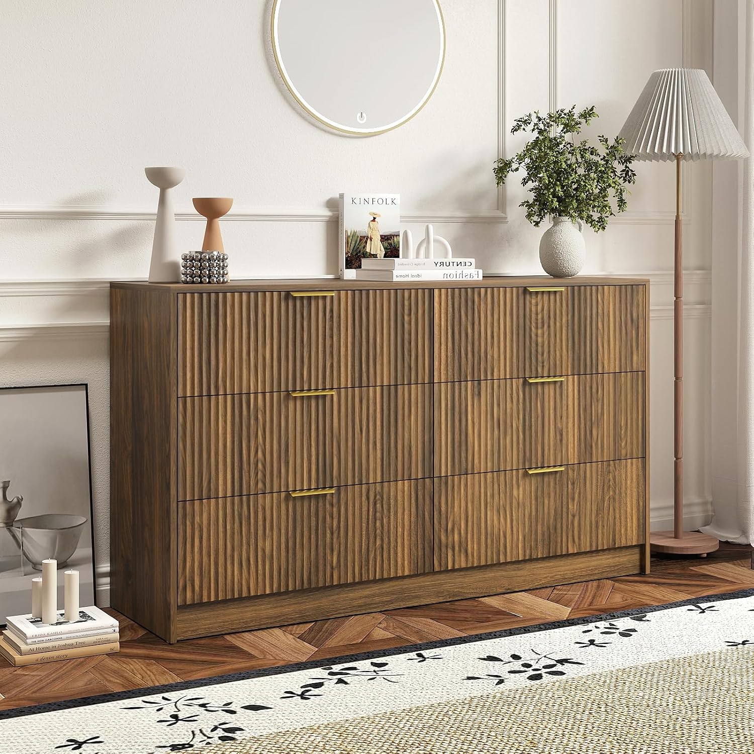 3-Piece Modern Bedroom Furniture Set, Wide 6-Drawer Dresser & 1-Drawer Nightstands Set of 2, Natural Wood Dresser and Nightstand Sets for Bedroom, Hallway, Walnut