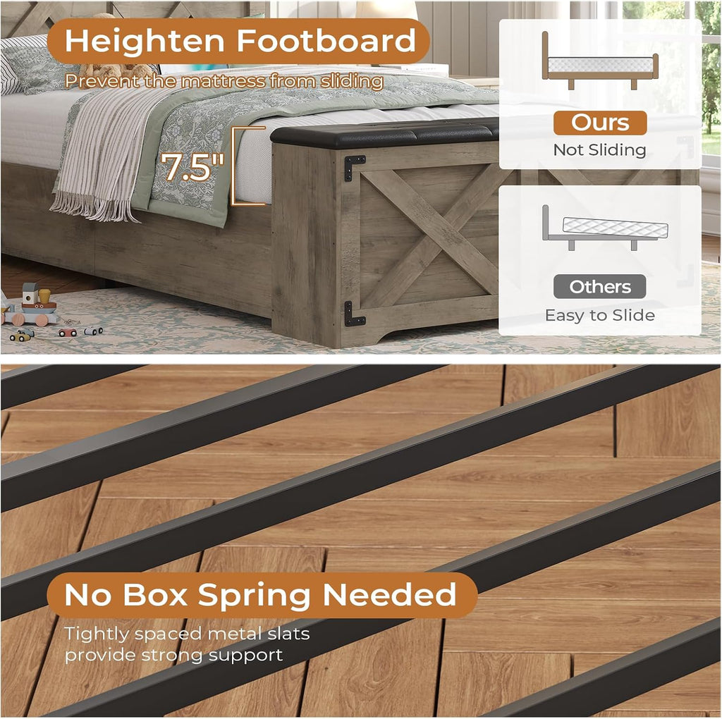 DICTAC Farmhouse Twin Bed Frame with Storage Headboard and Charging Station Wood Platform Bed Frame Twin Size with Storage Ottoman and Led Lights,Twin Size Bed for Kids,Metal Slats Support,Oak Gray