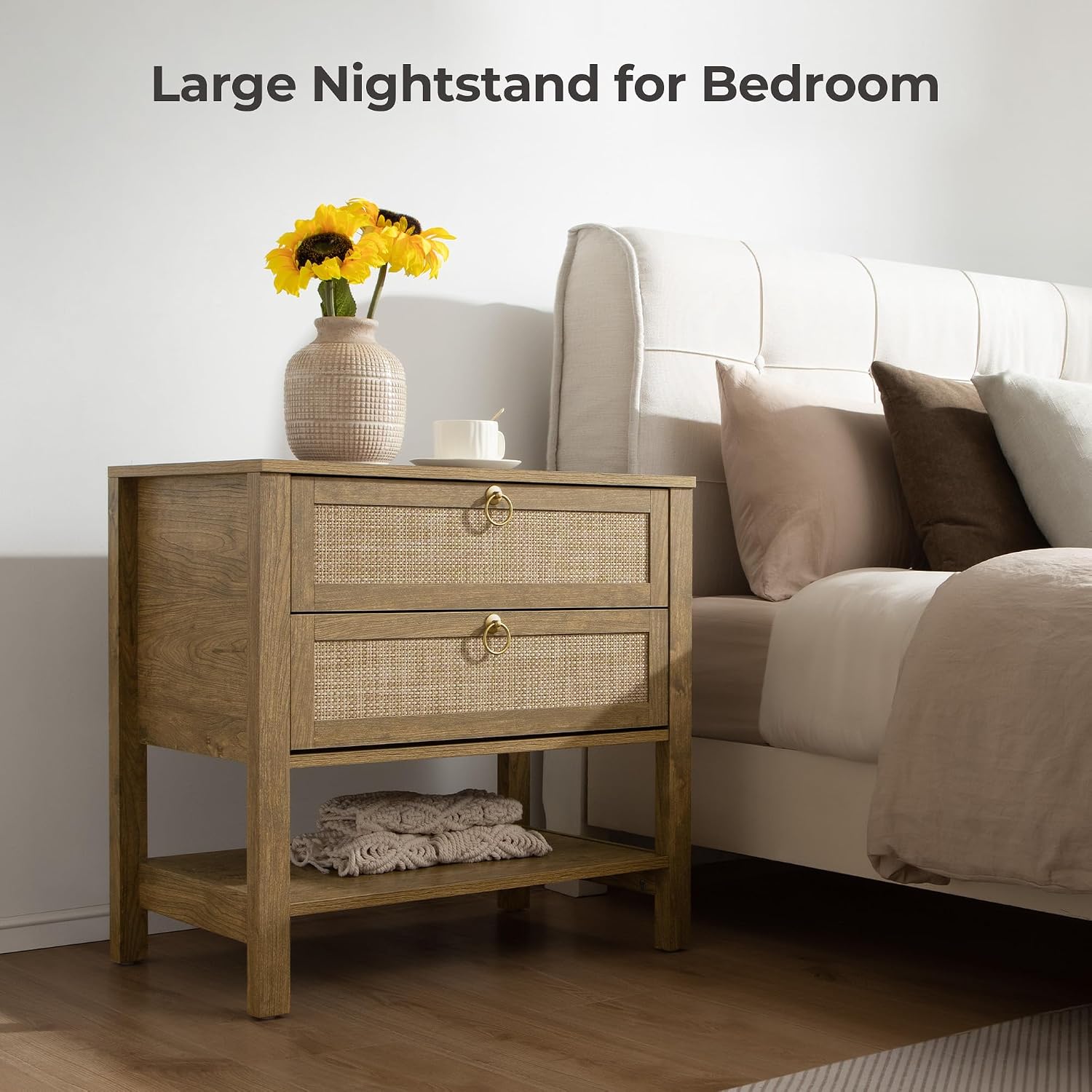 SICOTAS Night Stands Set of 2 for Bedroom, Large Bedside Tables with Drawer & Open Shelf, Wide Boho Rattan Nightstand Set Narrow Side Table for Master Bedroom