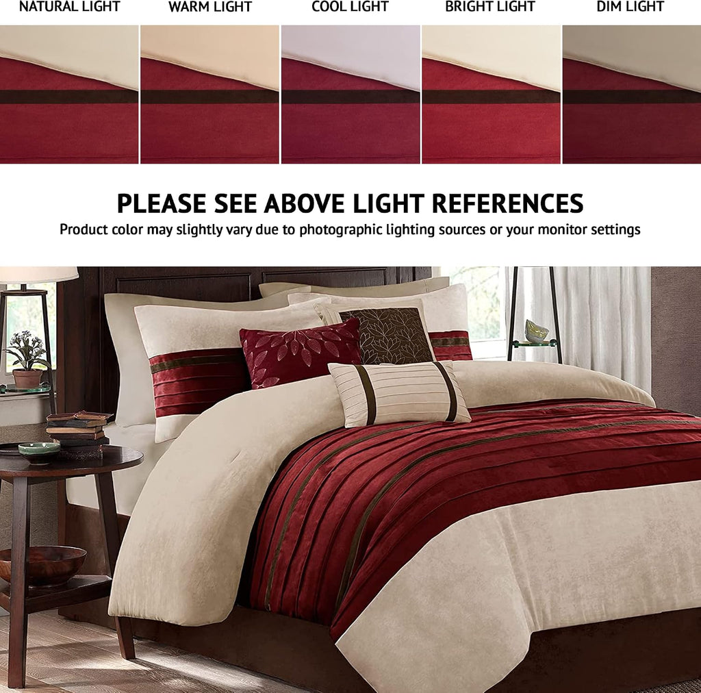 Madison Park Cozy Comforter Set-Luxury Faux Suede Design, Striped Accent, All Season Down Alternative Bedding, Matching Shams, Decorative Pillow, Red, California King (104 in x 92 in)