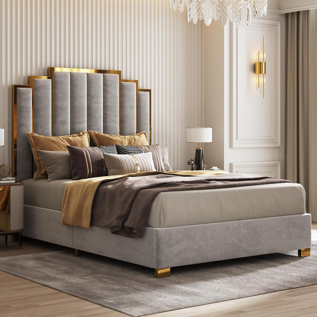 AMERLIFE Queen Size Upholstered Bed, Modern Velvet Bed Frame with 61.4' Tall Gold Trim Headboard, No Box Spring Needed, Grey