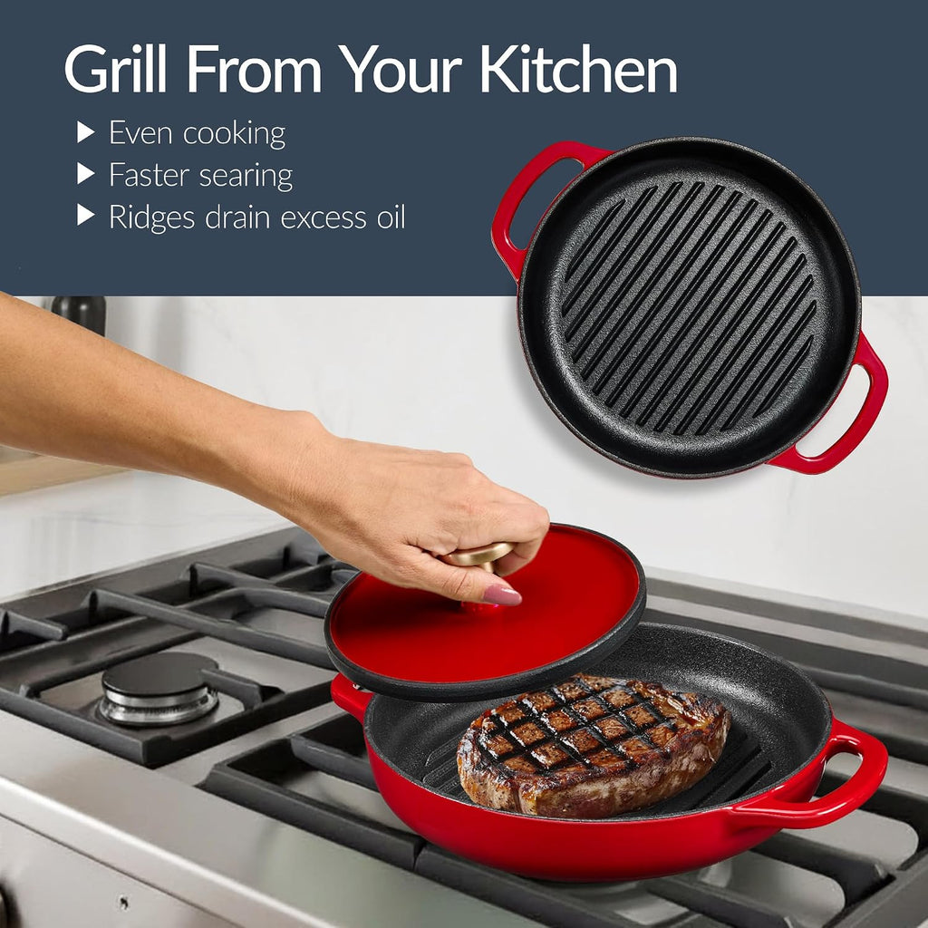 Best Choice Products Non-Stick Pot & Pan Cookware Set, Cast Iron, 2Qt Skillet W/Lid, 10' Grill Or Griddle Pan W/Press, 6Qt Enameled Dutch Oven, Non-toxic, For Cooking & Grilling - Red