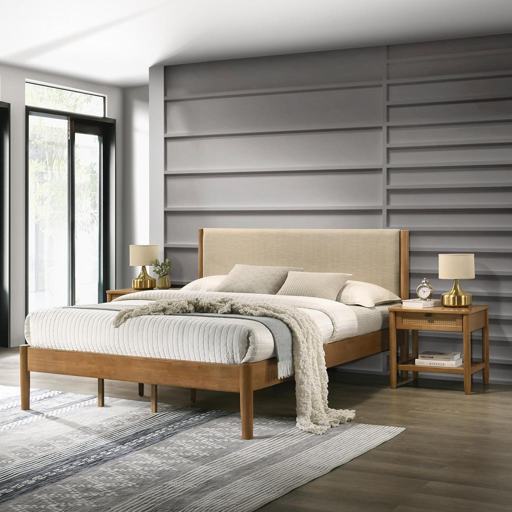 Roundhill Furniture Vichy 6-Piece Rubberwood Bedroom Set with Textured Polyester Upholstered King Bed, Dresser, Mirror, 2 Nightstands, and Chest