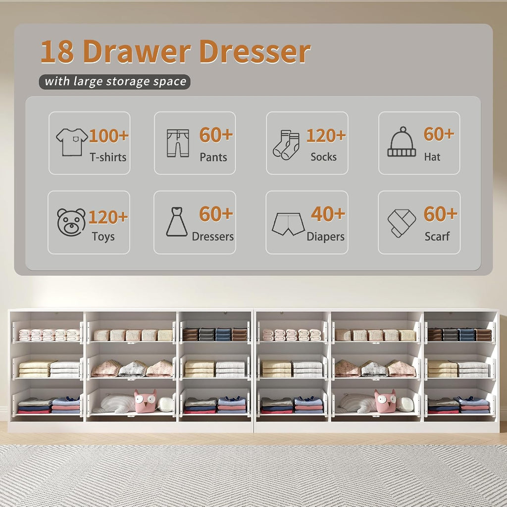 White Dresser Set of 2, Long Dresser for Bedroom Wooden with 18 Drawers, Fluted Modern Bedroom Furniture Set, TV Stand Dressers & Chests of Drawers for Closet (15.7'D x 125.8'W x 31.8'H)