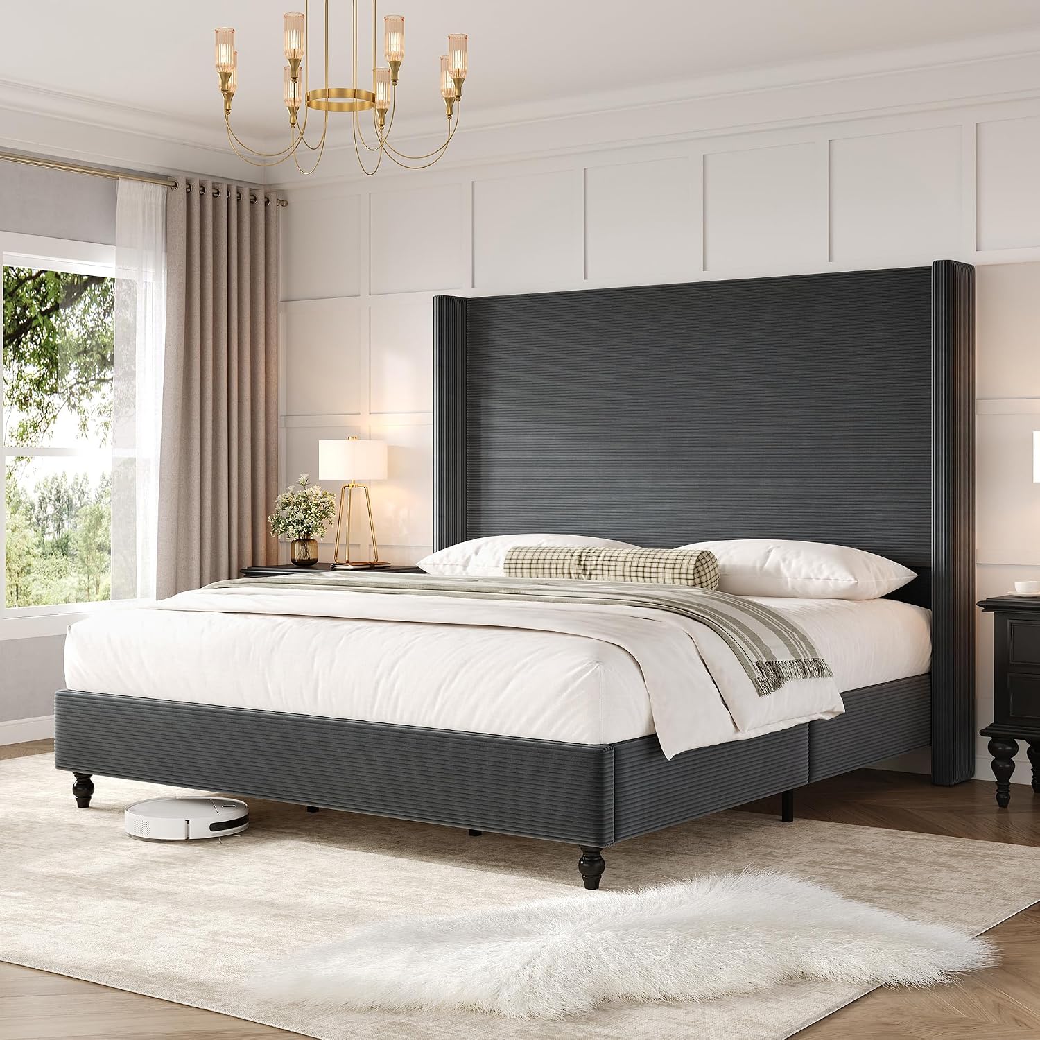 AMERLIFE King Size Bed Frame with 65' Tall Headboard, Upholstered Corduroy Bed Frame with Wingback, Platform Bed with Solid Wood Gourd Legs, Solid Slats, No Box Spring Needed, Dark Grey