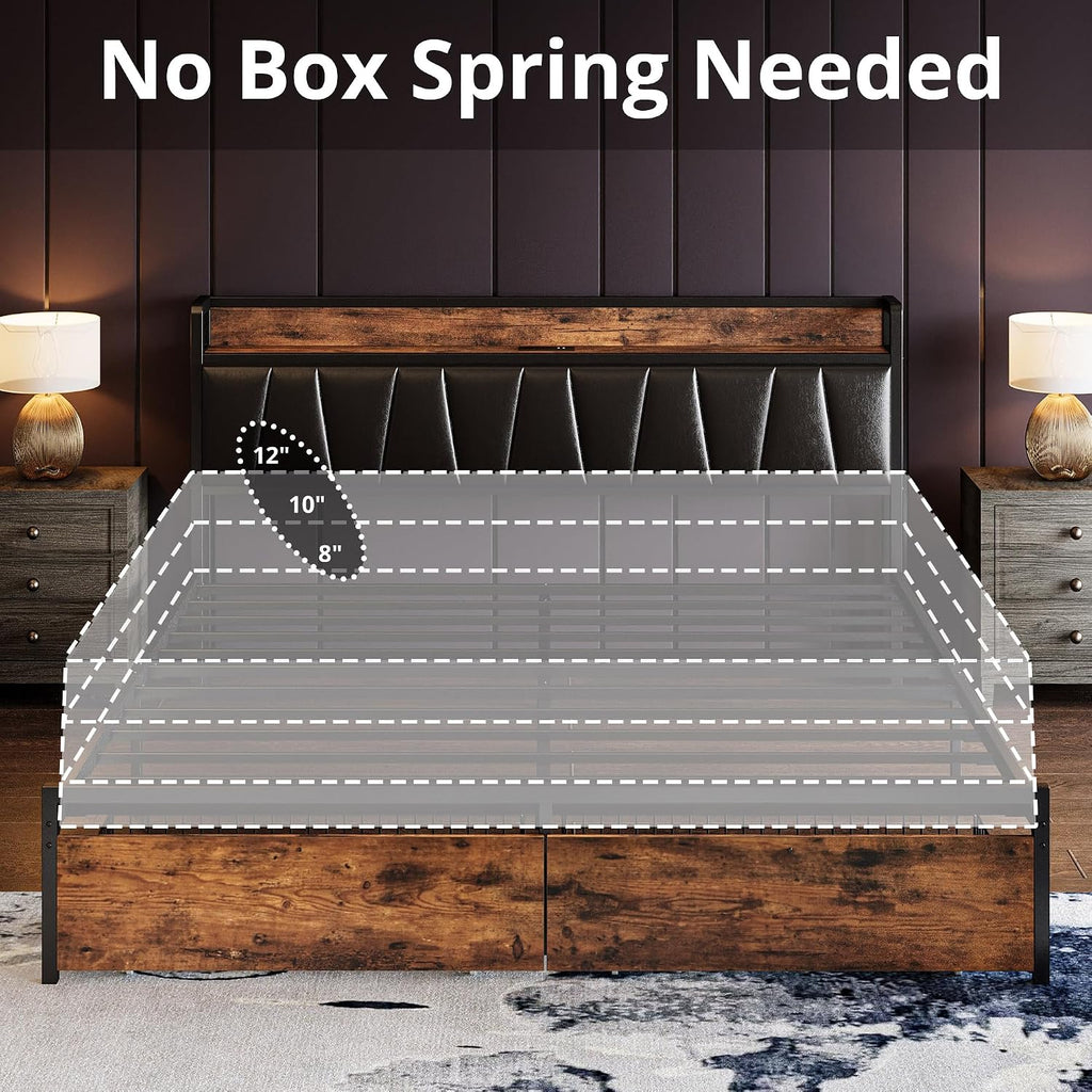 LIKIMIO King Size Bed Frame, Storage Headboard with Charging Station, Platform Bed with Drawers, No Box Spring Needed, Easy Assembly, Vintage Brown and Black