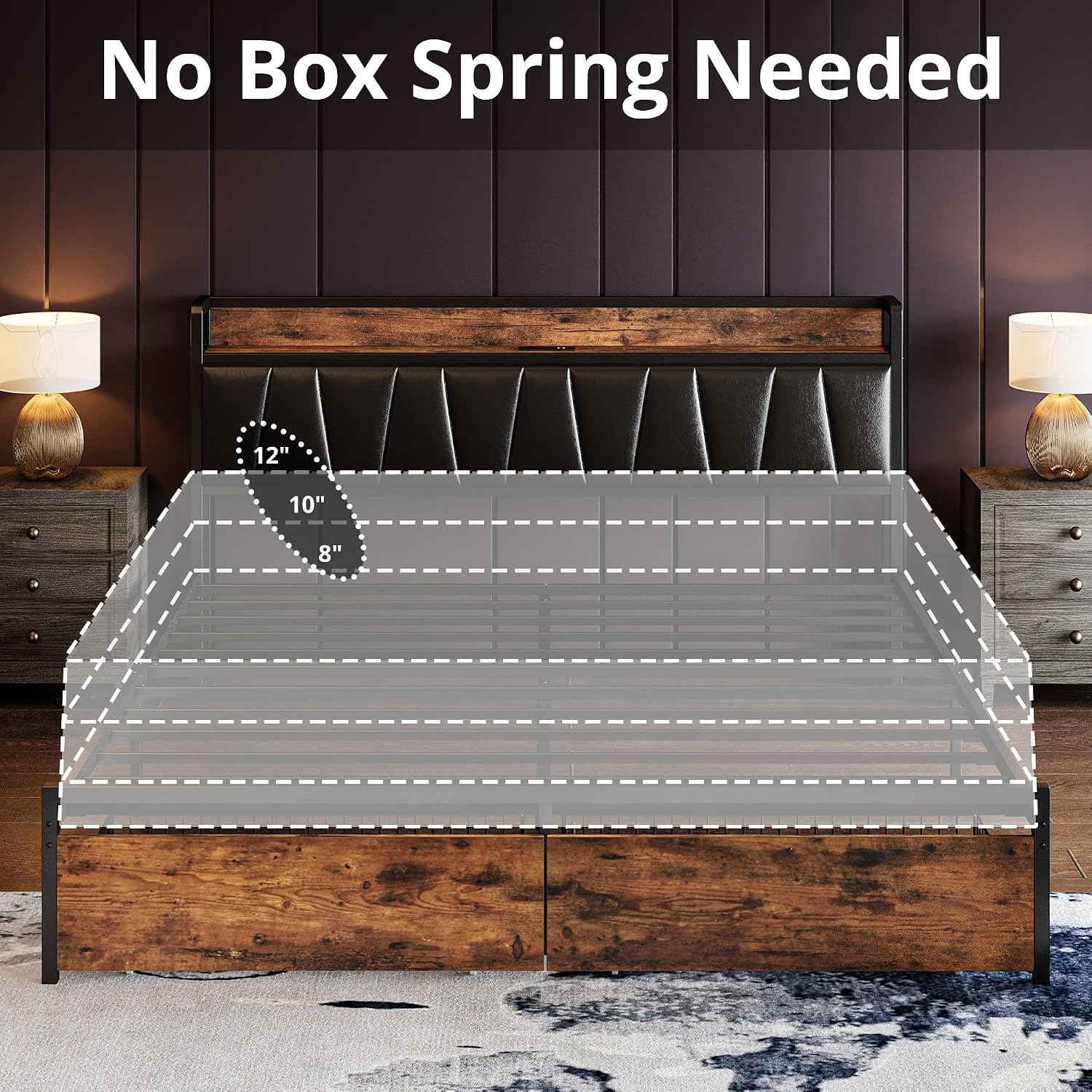LIKIMIO King Size Bed Frame, Storage Headboard with Charging Station, Platform Bed with Drawers, No Box Spring Needed, Easy Assembly, Vintage Brown and Black