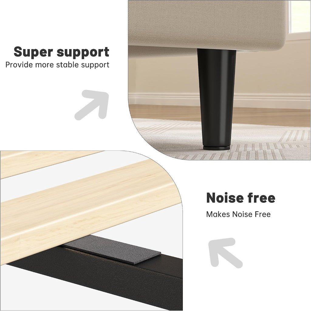 EnHomee Twin Size Bed Frame with Adjustable Height Upholstered Headboard, 3 USB Charging Ports, Noise-Free Platform Bed, No Box Spring Needed, Beige