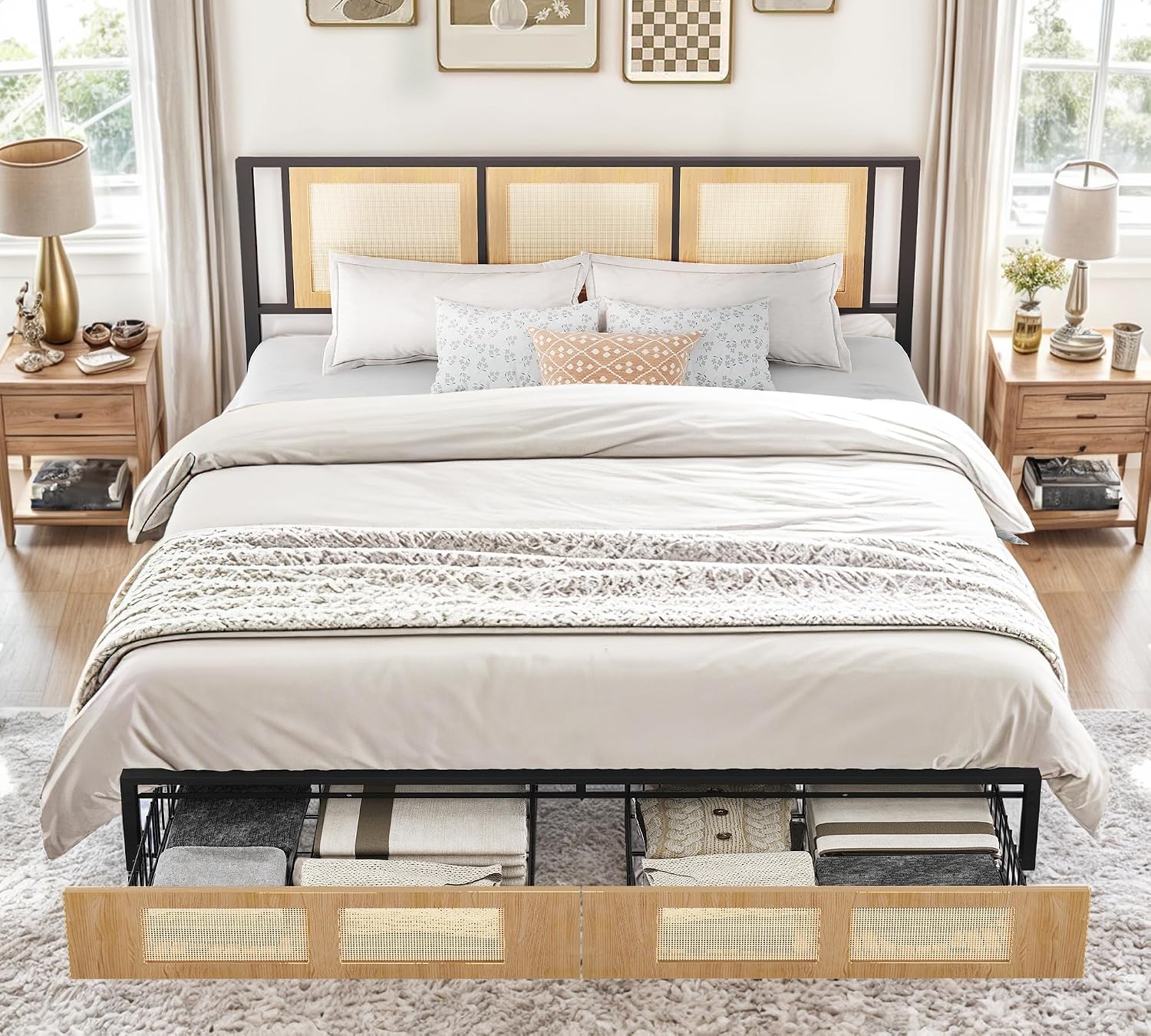 YITAHOME Natural Rattan King Bed Frame with Wooden Headboard and 2 Storage Drawers Underneath, Boho Cane Bed Platform Bed with Metal Slat, Noise Free, No Box Spring Needed,Wood