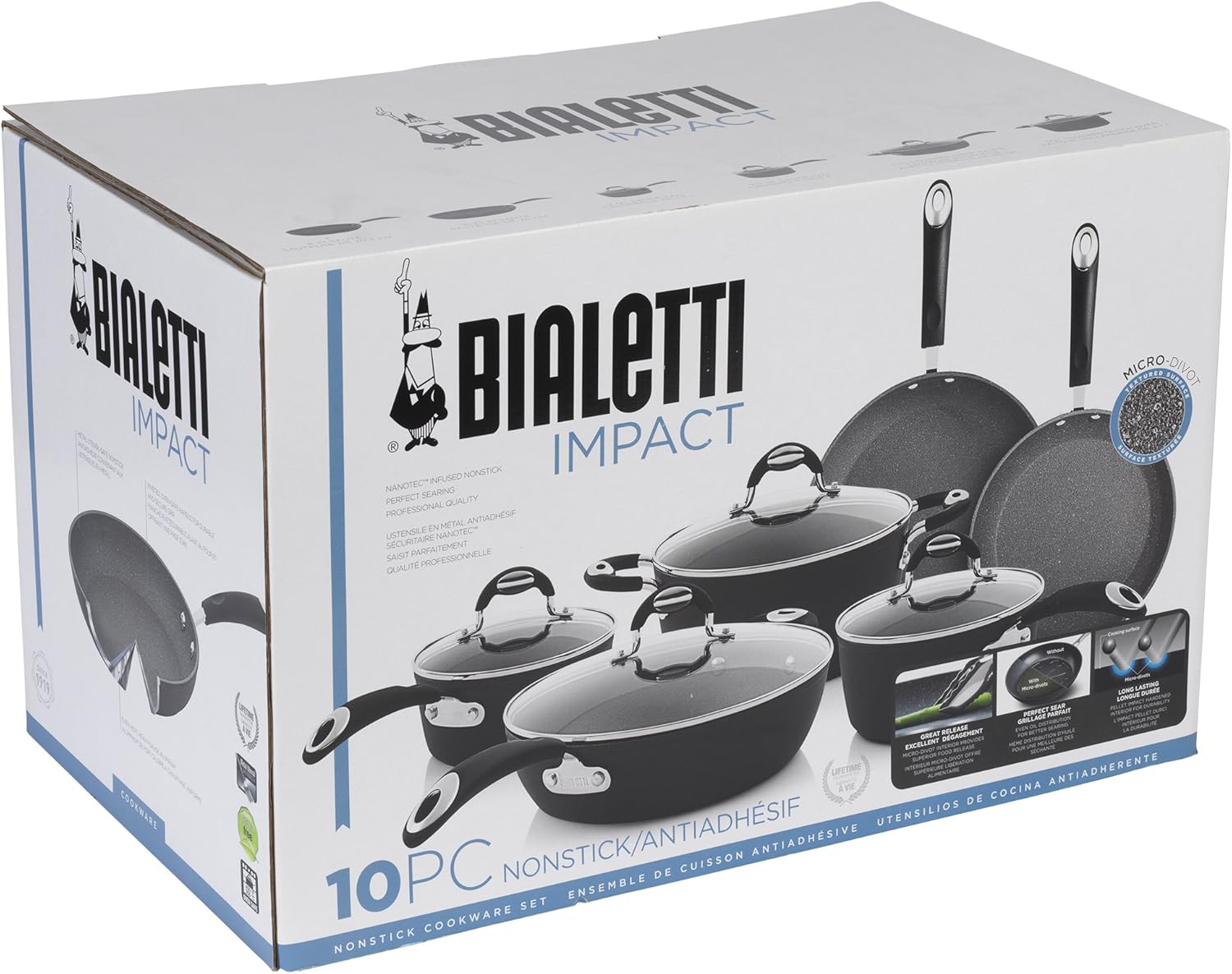 Bialetti Impact 10-Piece Textured Aluminum Cookware Set with Pots, Pans, and Dutch Oven, Nonstick Pots and Pans Set for Kitchen, Gray